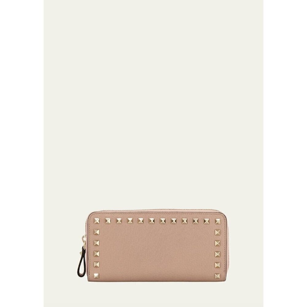 Valentino Garavani Rockstud Zipper Zip Around Wallet Beige
